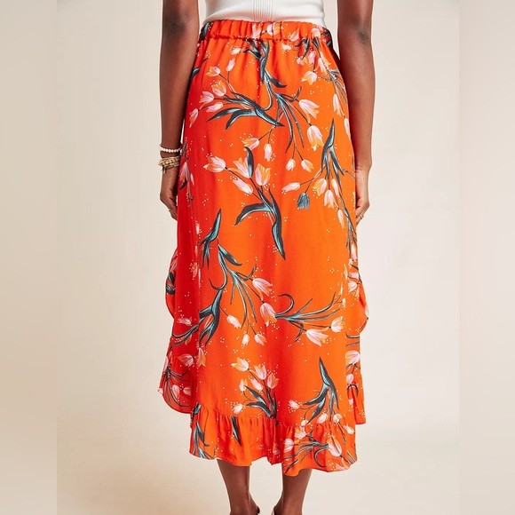 Anthropologie Corey Lynn Calter Orange Floral Midi Skirt Front Tie & Side Slits - Picture 2 of 9